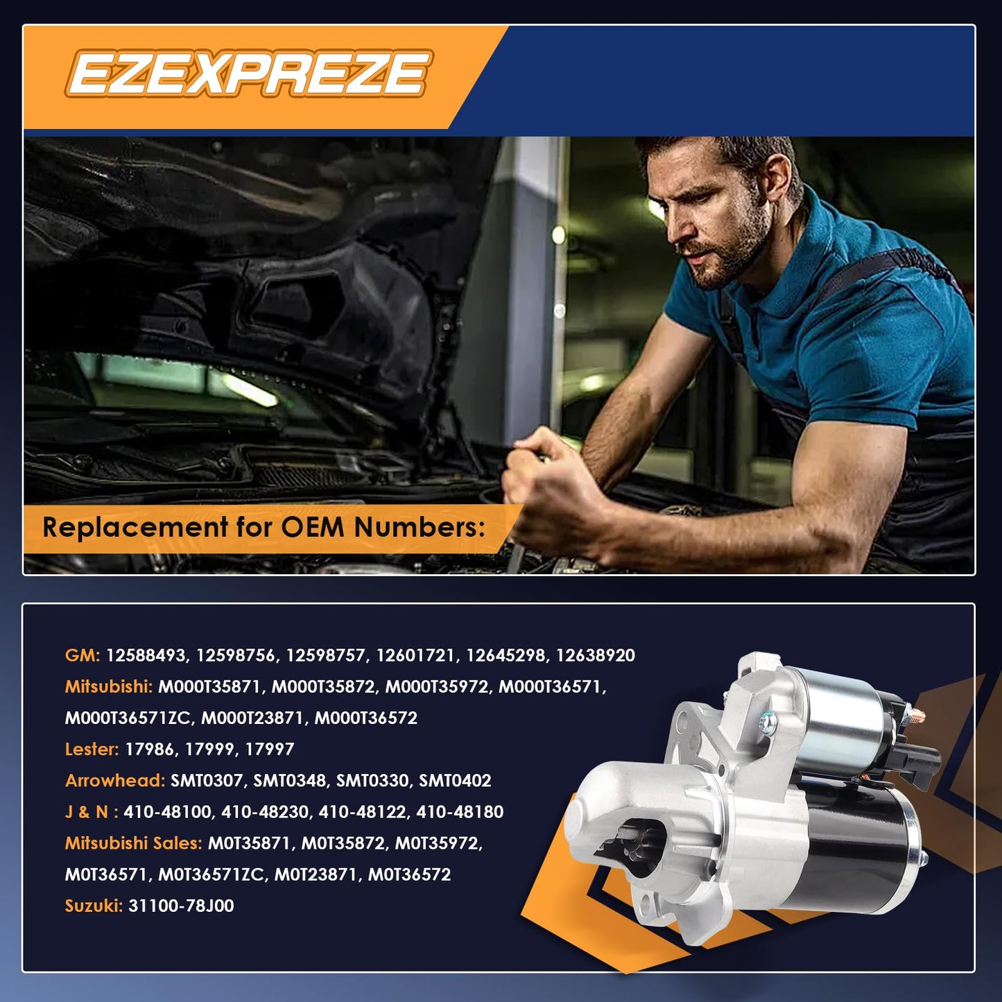 Ezexpreze 17986 New Starter Replacement for Chevy Traverse 09-17, GMC Acadia 07-16, Buick Enclave Lacrosse, Cadillac SRX XTS STS, Impala 12-20, Pontiac Saturn Suzuki 3.0L 3.6L V6 Engine OE#: 12645298