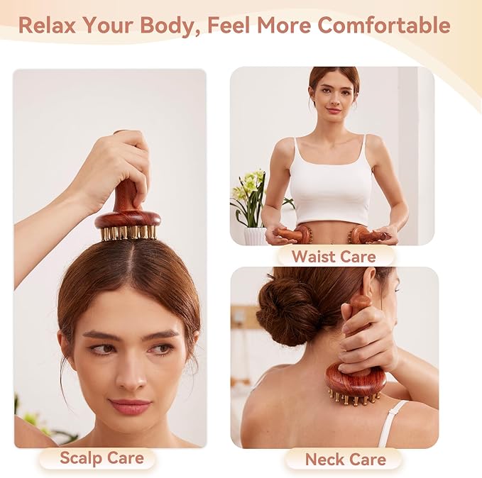 29teeth Copper Head Massage Comb for Body and Scalp Meridian Point Massager Brush for Body and Scalp Relief Body Massage Brush for Cellulite Remover Chinese SPA Gua Sha Tool Wooden Handle 按摩梳, 经络刷