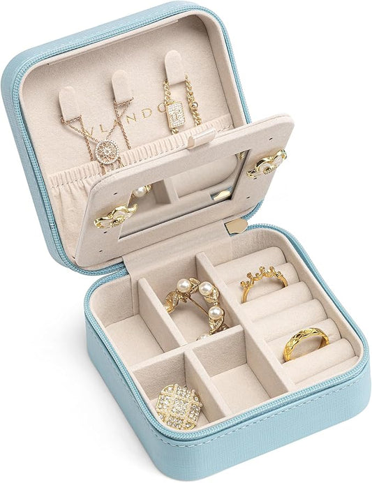 VLANDO Teacher Appreciation Graduation Gifts - Small Travel Jewelry Box Organizer - Display Case for Girls Women Gift Rings Earrings Necklaces Storage with Mirror Blue