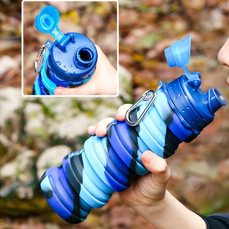 YCTMALL Collapsible Water Bottles Two Pack Travel Sports Portable Sport Water Bottle comes with mountaineering Buckle 500ml silicone Water-proof camping water bottle (Dark blue and Purple Color)