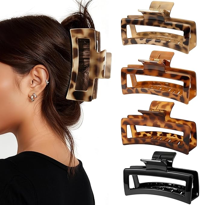 Auseibeely 4 Pack 5 Inch Extra Large Claw Clips for Thick Hair, Jumbo Tortoise Shell Claw Clip for Hat, Big Square Hair Clips for Thick/Long/Curly Hair, Non-slip Baseball Jaw Accessories