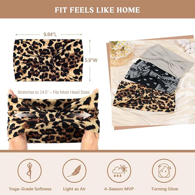 Awumbuk Wide Headbands for Women Knotted No Slip Head Bands Soft Turban Headband Hair Accessories Boho African Solid Color Head Wraps for Women Yoga Workout Pack of 6