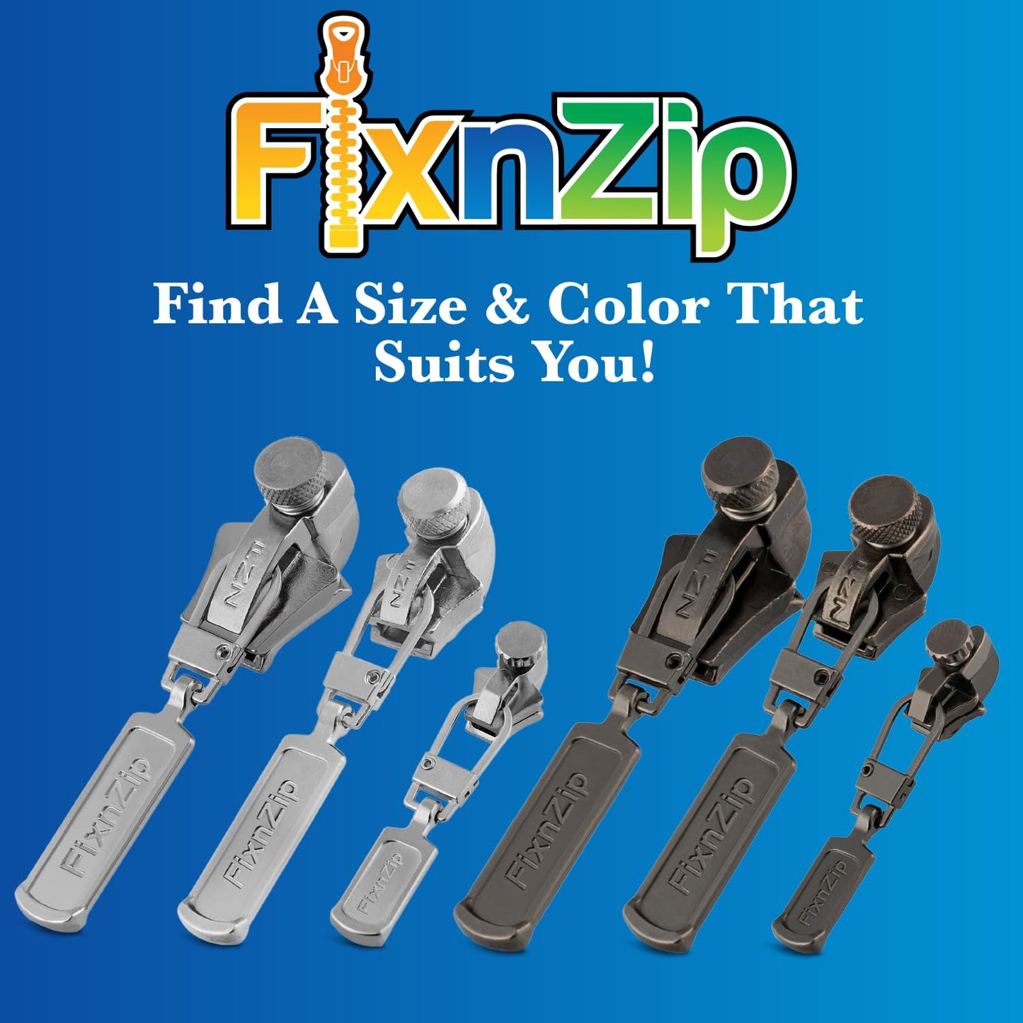 FixNZip Small, Medium, and Large Black Nickel Zipper Repair Kit Bundle | Universal No-Sew Slider Replacement for All Apparel Needs | Instant and Reusable Zipper Repair Tool | Sizes 1-10