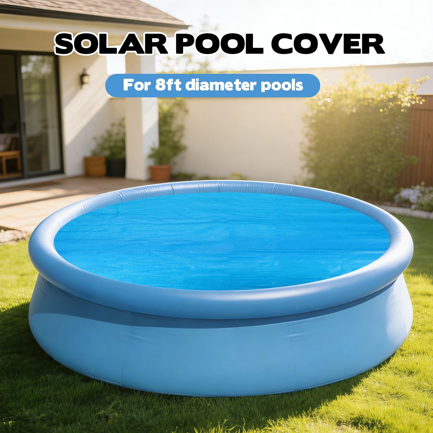 8ft Round Pool Solar Cover Solar Pool Heater for Inground & Above Ground Pools Round Solar Blanket with Bubbles Solar Pool Hot Tub Floating Thermal Blanket Dustproof Cover—Insulates Pool Water, Blue
