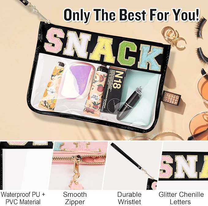 Chenille Letter Clear Snack Bag Purse, Monogram PVC & PU Zipper Pouch With Wristlet, Waterproof Portable Glitter Makeup Beach Toiletry Bag for Women Girls (SNACKS-Black)