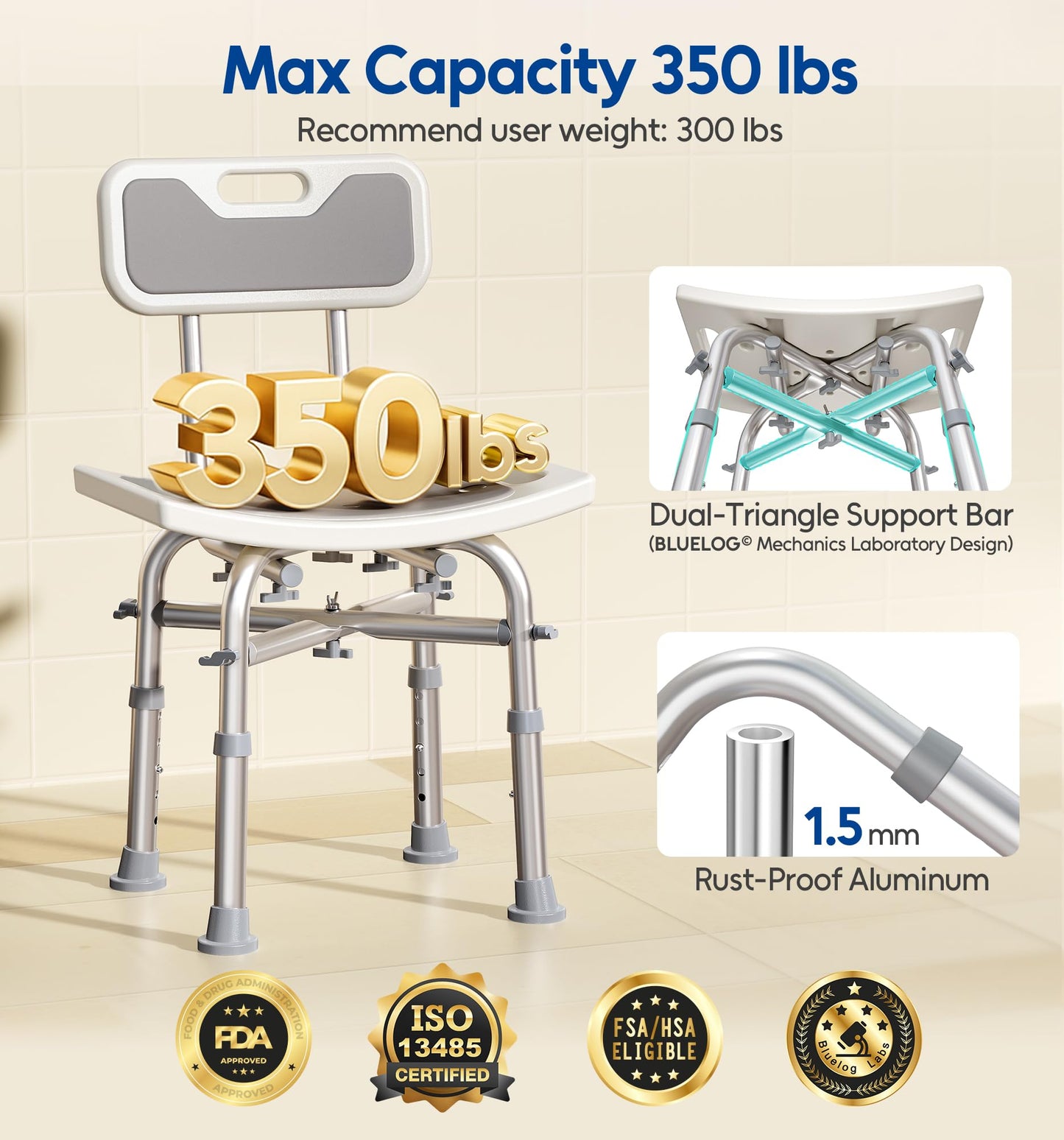 Bluelog Shower Chair with Back for Elderly and Disabled, Shower Seat Bench Stool, Adjustable Height, 350 lbs Capacity, Rectangular