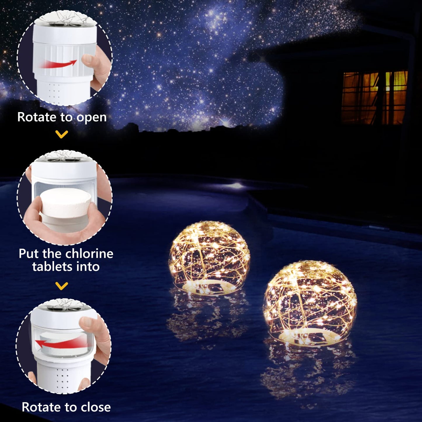 FineBud Pool Chlorine Floater with Solar Ball Lights, Floating Pool Chlorines Dispenser for 4x3” Chlorine Tablets, Easy Opening chlorines Tablet Holder Floater, Anti-Sinking Spa Chemical Dispenser