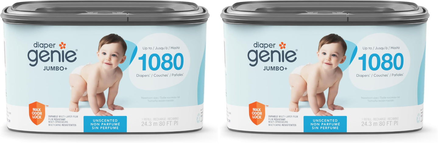 The Diaper Genie Jumbo+ Square Refill, with continuous film, can hold up to 1080 newborn-sized diapers per refill. (Pack of 2)