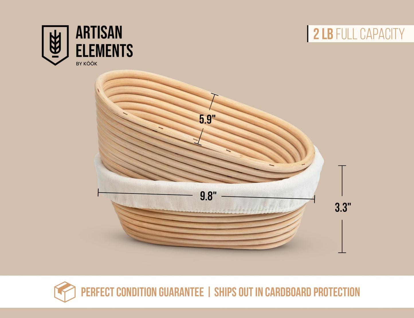 Kook Banneton Bread Proofing Baskets, Artisan Sourdough Bread Making Baskets, 9.8 Inch Handwoven Rattan Baskets and Cloth Liners, Set of 2, Oval