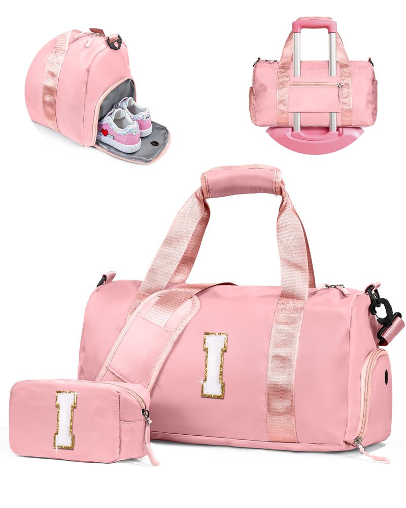 Vogewood Birthday Gifts for Granddaughter-Girl Gym Bag with Shoe Compartment, Kid Personalized Weekender Overnight Bags, Initial Travel Tote with Makeup Pouch Valentine's Day Gift for Kids (Letter I)