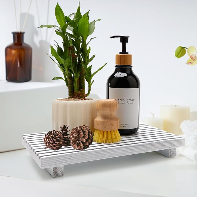 Renawe Wood Pedestal Stand for Bathroom Tray Kitchen Counter Decor Bathroom Sink Accessories Decorative Wooden Risers for Kitchen Soap Tray Vanity White Bathroom Counter Decorations Dish Soap Holder
