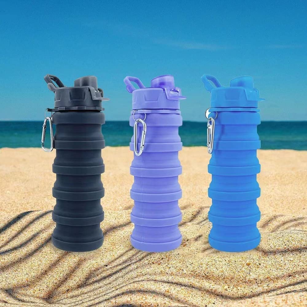 konlongzan Collapsible Water Bottles 2 Pack Silicone Water Bottle with Carabiner Expandable Water Bottle 500ml Portable Sport Water Bottle for Travel Camping.(Black+Purple)
