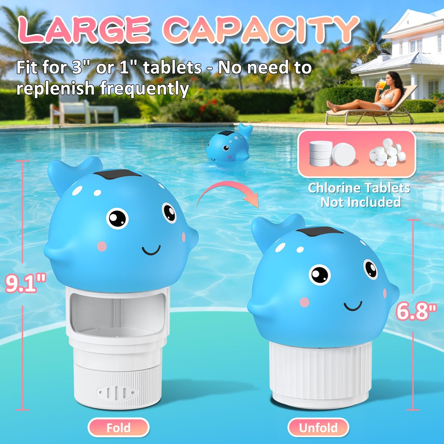 Solar Pool Chlorine Floater, Chlorines Floater with Light, Glow in Dark Chlorines Tablet Floater, Blue, 9 Inch