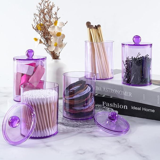 XIPENGKEJI 2 Pack Qtip Holder,Canister Apothecary Jar Set, Bathroom Jars with Lids Set for Cotton Swabs, Balls, Pads, Floss Picks,10oz-12oz Plastic Canisters Restroom Bedroom Vanity Organizer(Purple)
