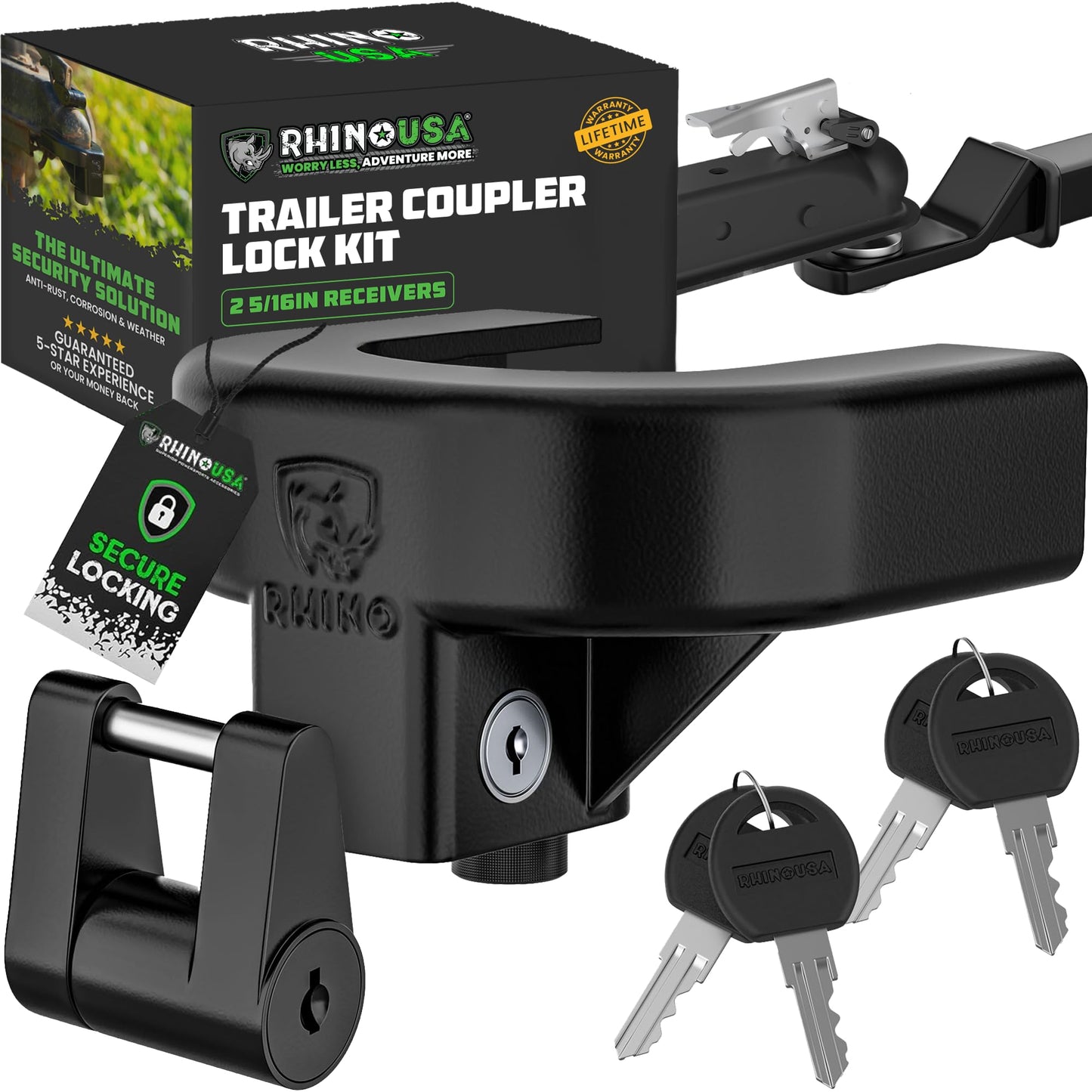 Rhino USA Trailer Hitch Lock Kit (for 2-5/16" Trailers) Heavy Duty Anti Theft Trailer Coupler Locks for RV, Camper, Trailer, Boat, Caravan - Reinforced Solid Steel Tow Lock for Trailer Tongue
