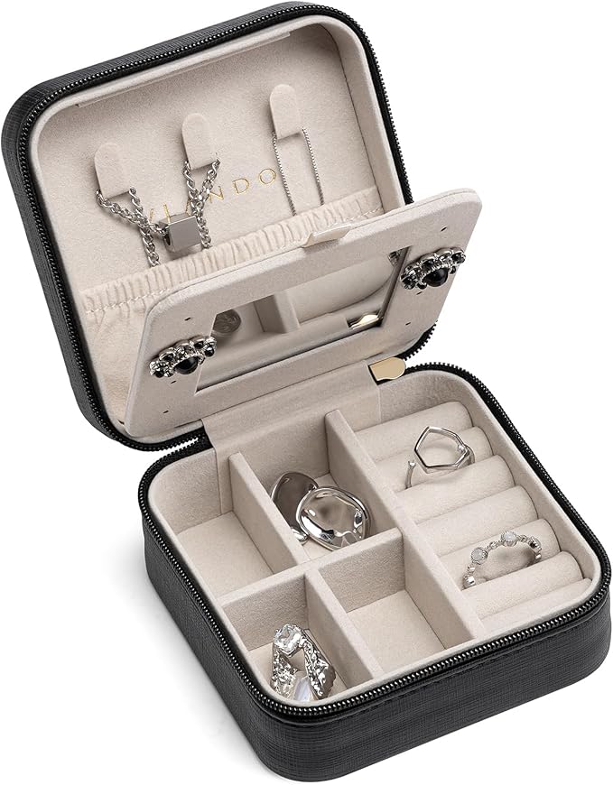 VLANDO Travel Jewelry Case, Mothers Day Mom Gifts, Small Jewelry Travel Organizer Box for Girls Women with Mirror Black