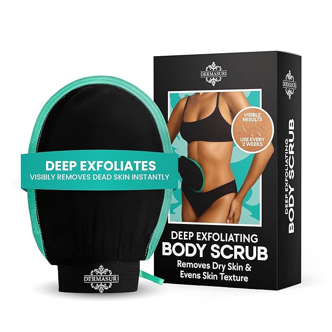 Dermasuri - Deep Exfoliating Glove - Korean Exfoliating Mitt & Body Scrubber - Keratosis Pilaris Treatment Scrub - Self Tanner Mitt & Ingrown Hair Exfoliator - Shower Gloves for Women & Men - (1 Pack)