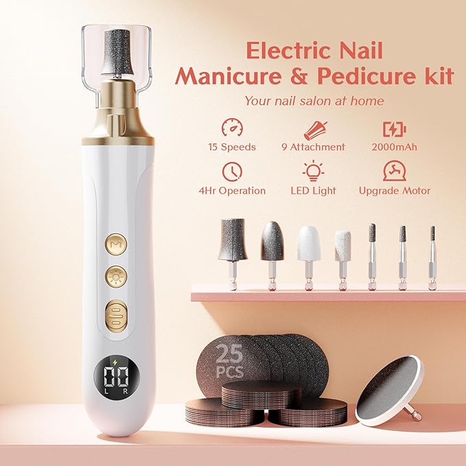 Professional Manicure Pedicure Kit, Electric Nail File Set,15 Speeds Hand Foot Care Tool for Nail Grind Trim Polish, Wider Grinder for Thick Nails, for Men Women Seniors