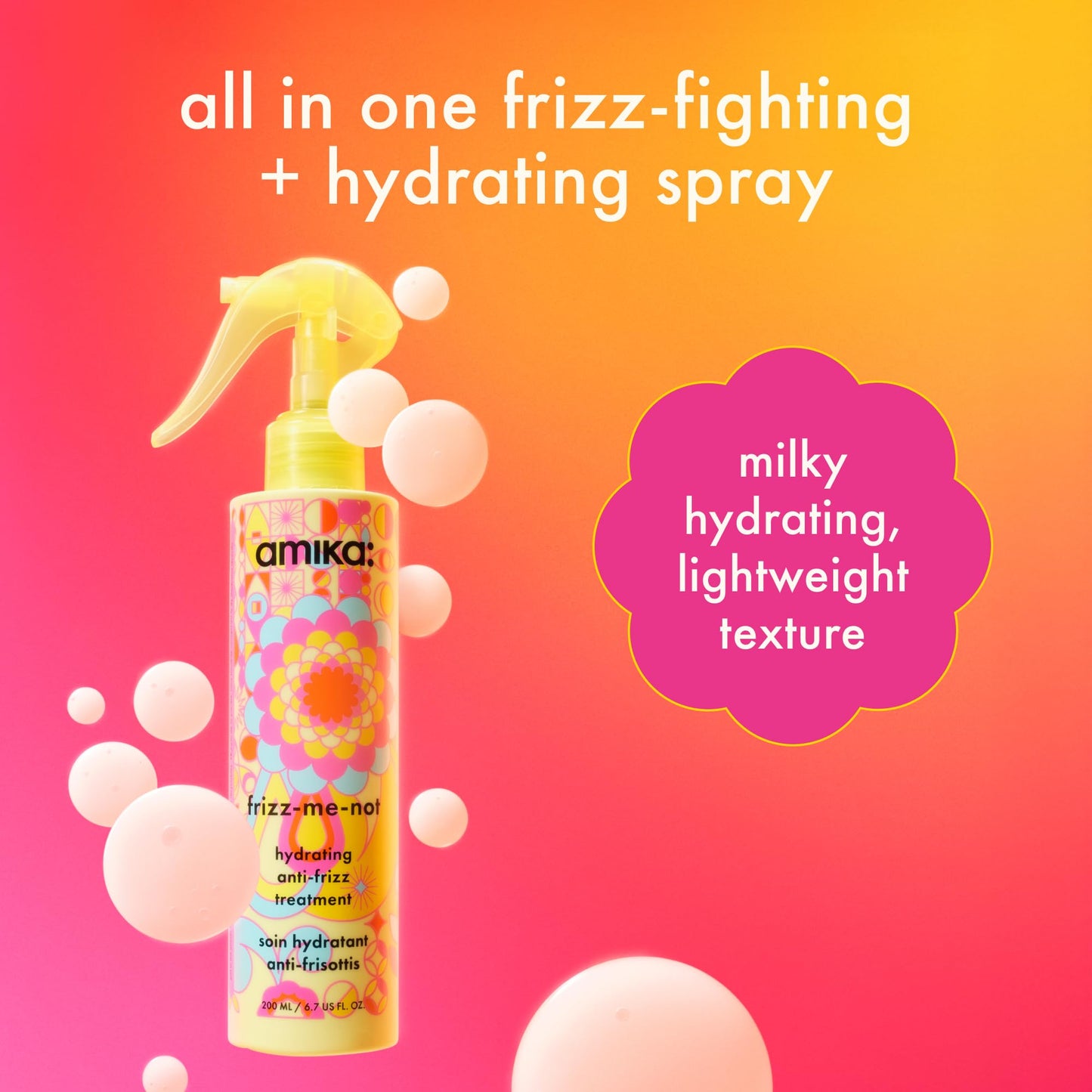 amika frizz-me-not hydrating anti-frizz treatment, 200ml | lightweight hydrating spray for medium to thick coarse hair types 2a-4c, humidity + heat protection, smooth frizz for up to 72 hours