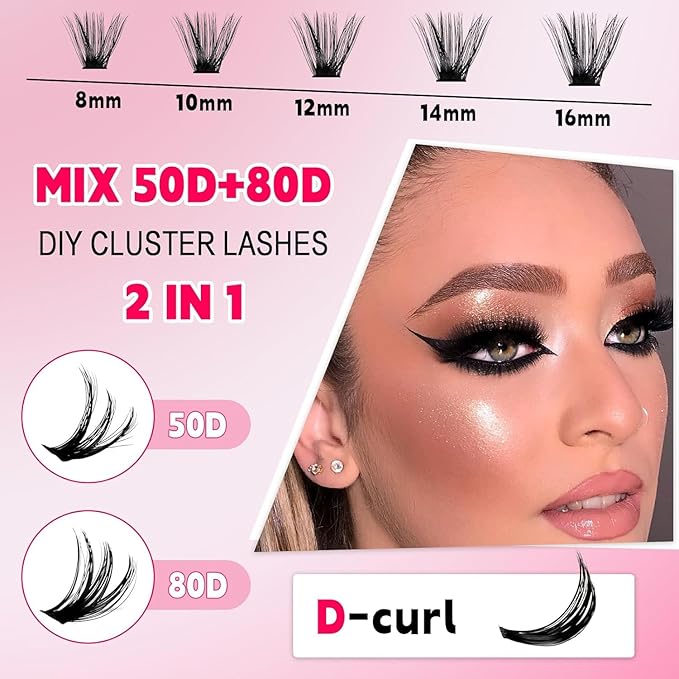Lash Extension Kit DIY Lash Clusters Kit 400pcs Cluster Lashes Individual Lashes Eyelash Extension Kit with Lash Bond and Seal,Lash Remover,Lash Tweezers(50D+80D Cluster Kit,8-16mm)