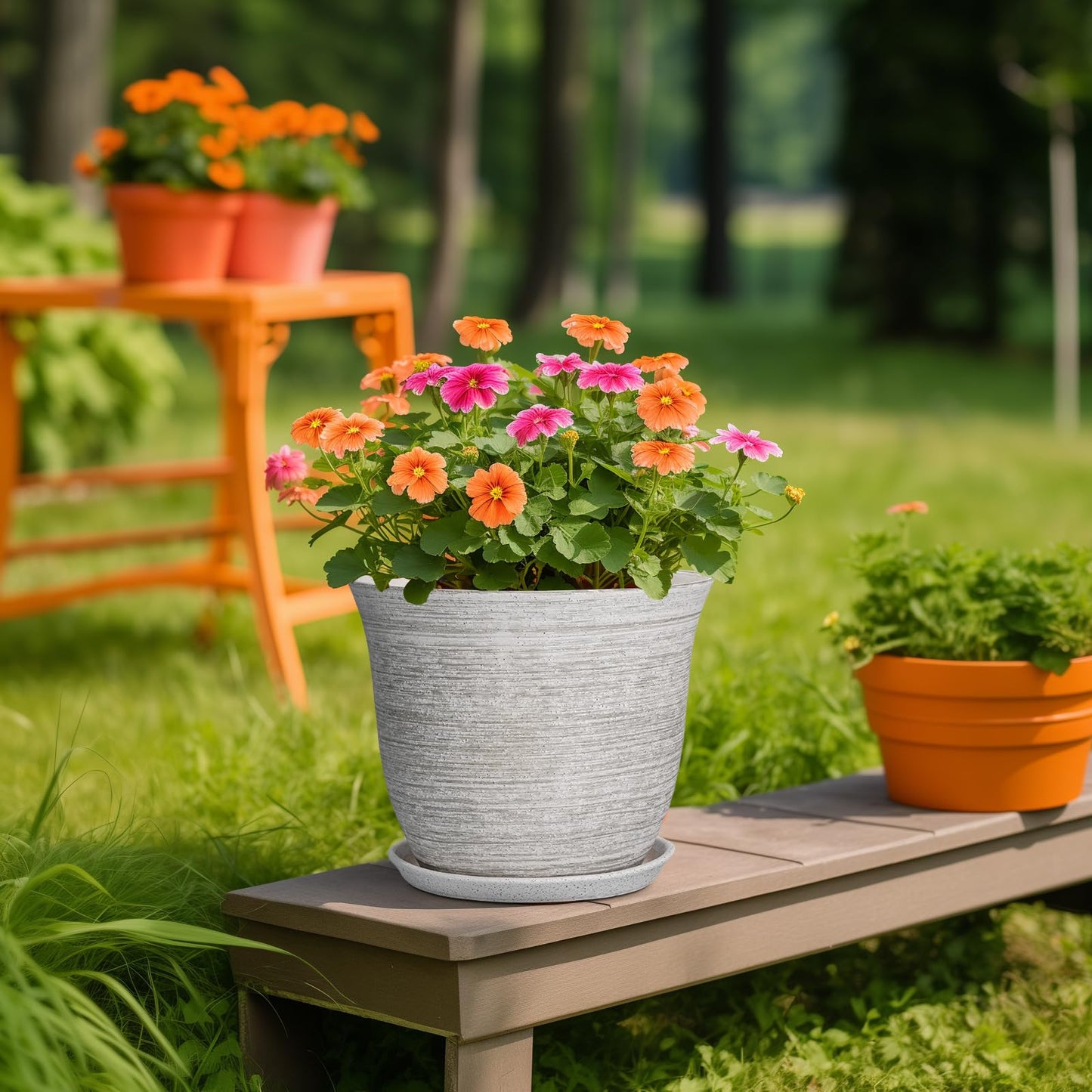 SUNPOTFOR Ceramic Flower Pots - 10 Inch Plant Pot with Drainage Hole and Saucer, Round Planter for Indoor Outdoor, Modern Planters, Large Flower Pot, Home Porch Garden Decor, Plant Lover Gifts, Grey