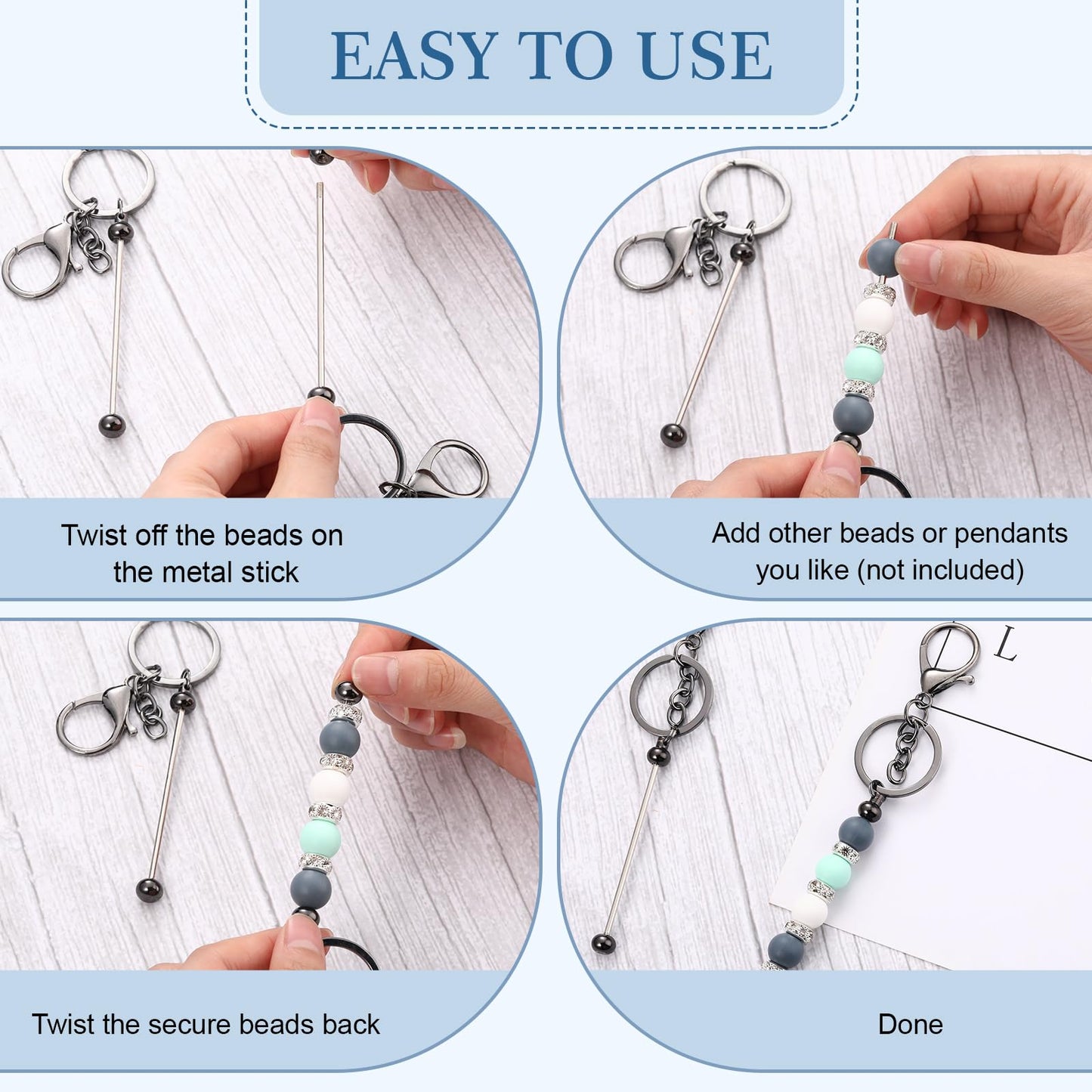 Tondiamo 24 Pcs Beadable Keychain Bars Bulk Beads for Keychain Making Kit Gifts for Women Men DIY Crafts(Gray)