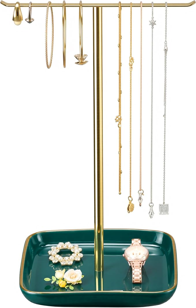Jewelry Holder Stand with Ceramic Base: 12" Tall Necklace Organizer Rack, Tree Design Display Storage for Necklaces, Bracelets, Rings, Earrings, Aesthetic Room Décor for Girls and Women, Green