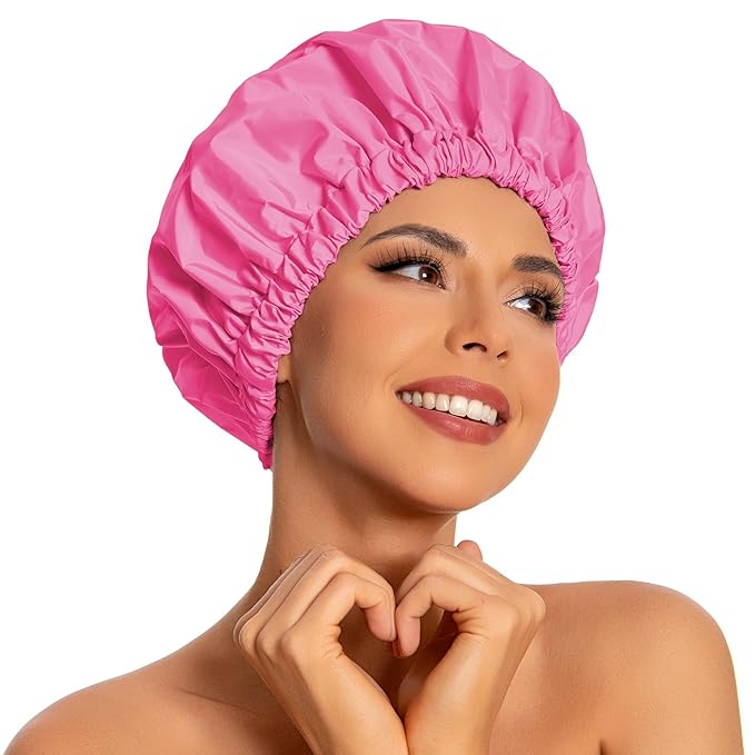 Reusable Shower Cap for Women, Large Waterproof Shower Bonnet with Elastic Band, Washable Bath Hair Cap for Long, Curly Hair, Braids, Daily Shower, Home Spa, Travel(Rose Red)