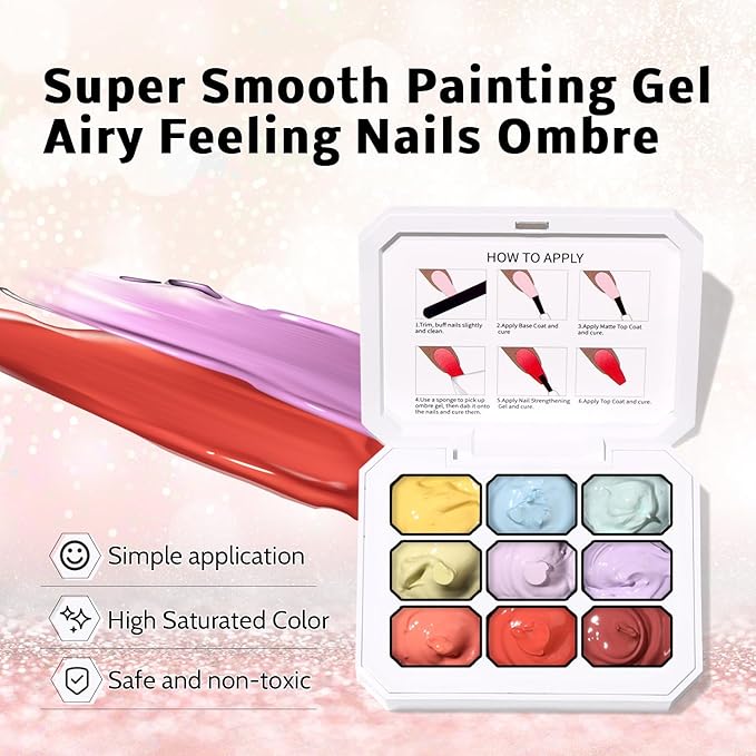 Christmas Gel Polish, 9 Colors Ombre Patting Gel Nail Polish Palette, 100 Sponges 6 Brushes 1Grabber, Blending Color Gradient Painting Nails Art, No Wipe, UV/LED Cured (Set 01)