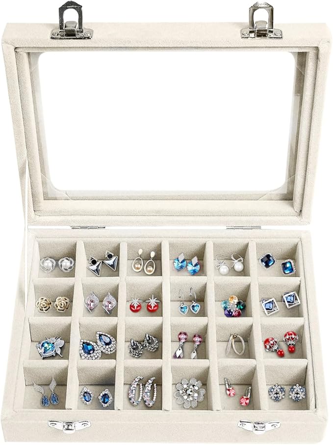 Velvet Jewelry Box 24 Grid Jewelry Earrings Display Organiser Box Ring Tray Holder Earrings Storage Case for Girls Women Wife Mom (Beige)