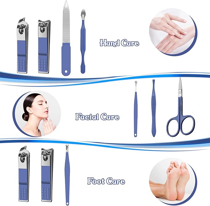 Manicure Set 8 in 1 Nail Clipper Set,RedFlow Nail Clippers,Fingernail & Toenail Clippers,Manicure Tools,Pedicure Tools,Suitable for Travel Manicure Kit,Nail Set Kit with Everything Profe (Blue)