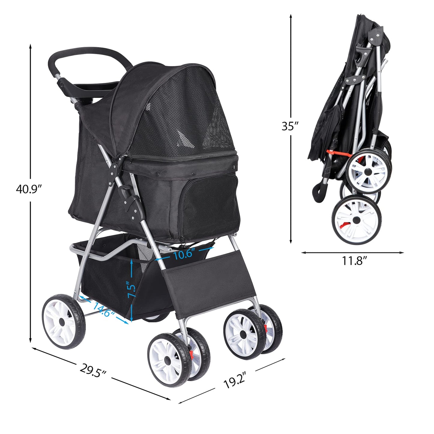 BBBuy 4 Wheels Foldable Pet Dog Cat Jogger Stroller Travel Carrier Strolling Cart w/Waterproof Cover Storage Basket Cup Holder & Removable Liner for Medium Small Cat Dog, Black