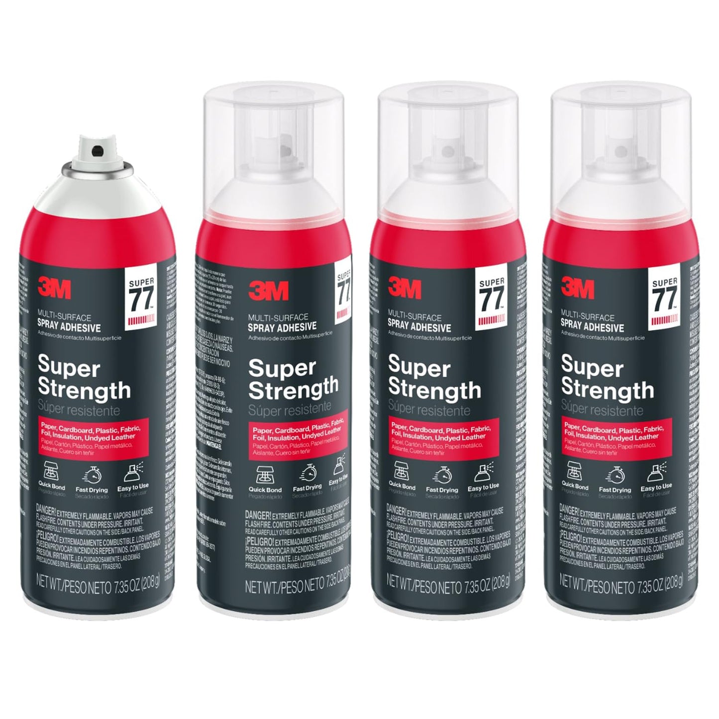 3M Super 77 Multi-Surface Spray Adhesive, 7.35 oz., Low VOC, Quick Bond, Fast Drying, Clear Finish for Foil, Foam, Paper, Metal, Plastic, Fabric, and Cardboard (77-10-NAT), 4-Pack