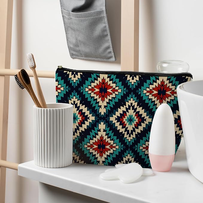 Boho Aztec Makeup Bag, Ethnic Southwestern Navajo Tribal Cosmetic Bag for Women, Western Gifts and Accessories