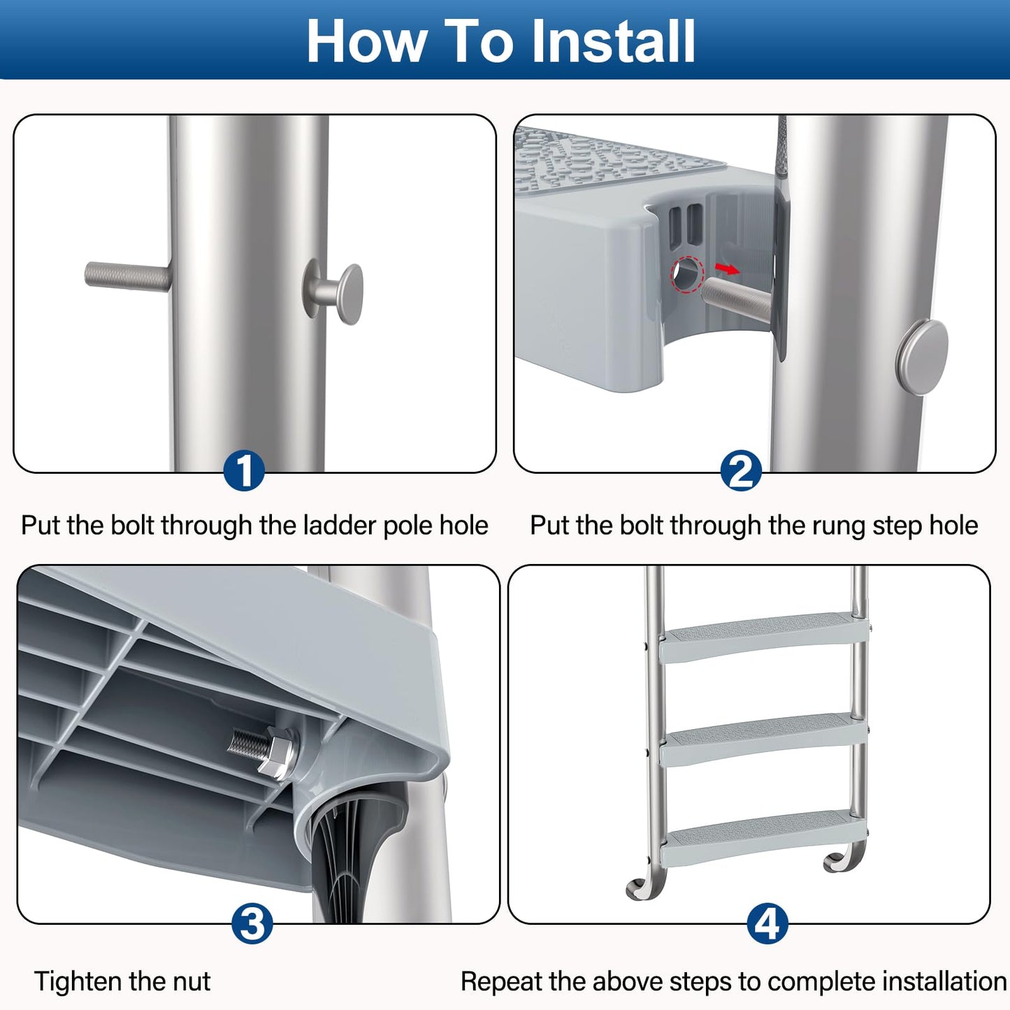Goovilla Pool Ladder Steps Replacement, (3-Pack) 18" Universal Heavy-Duty Molded Plastic Swimming Pool Ladder Rung Step with 6 PCS Stainless Steel Bolts for Inground and Above Ground Pools, Grey