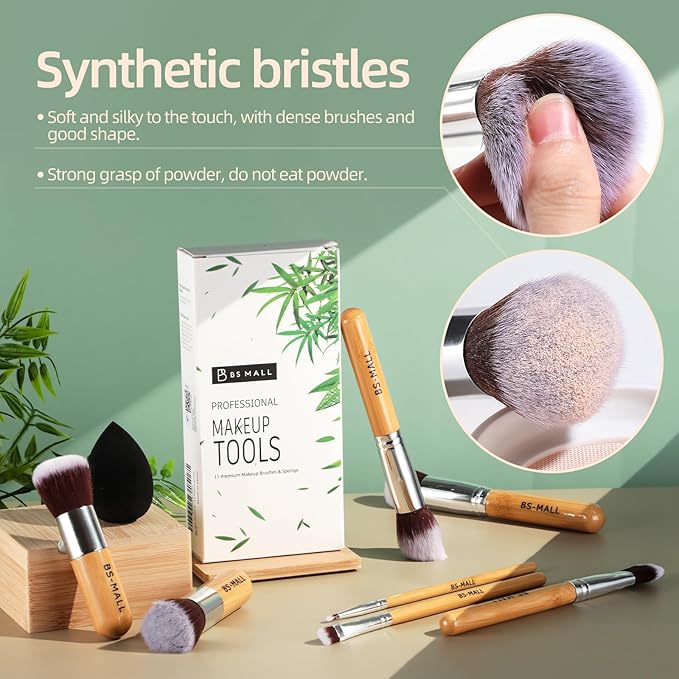BS-MALL Makeup Brush Set 11Pcs Bamboo Synthetic Kabuki Brush Set Foundation Powder Blending Concealer Eye shadows Blush Cosmetics Brushes with Travel Organizer Bag & Makeup Sponge (Bamboo 11)