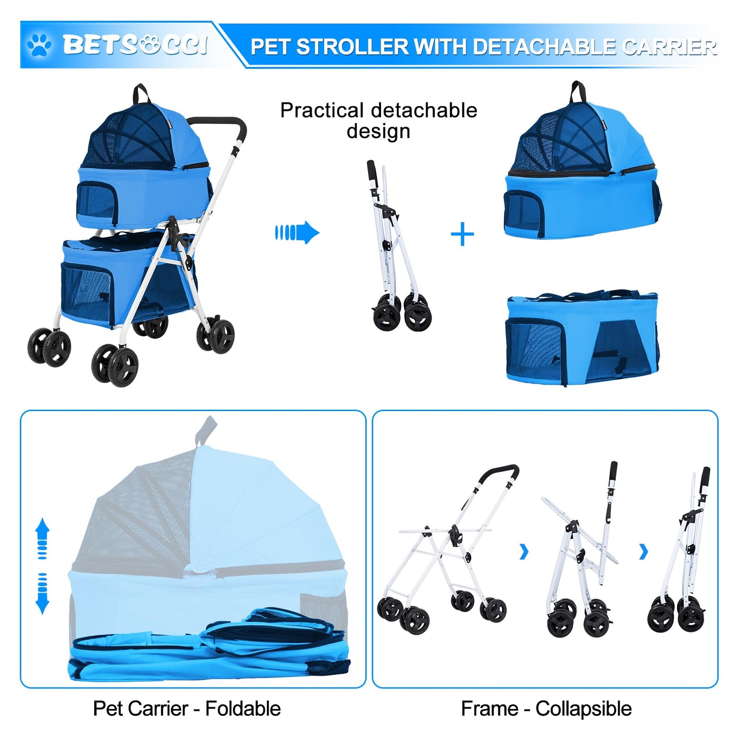 BETSOCCI Double Dog Stroller with 2 Detachable Carrier, Portable Pet Stroller for Small Dogs & Cats Folding Lightweight Puppy Travel Carriage, 4 Wheels, Azure
