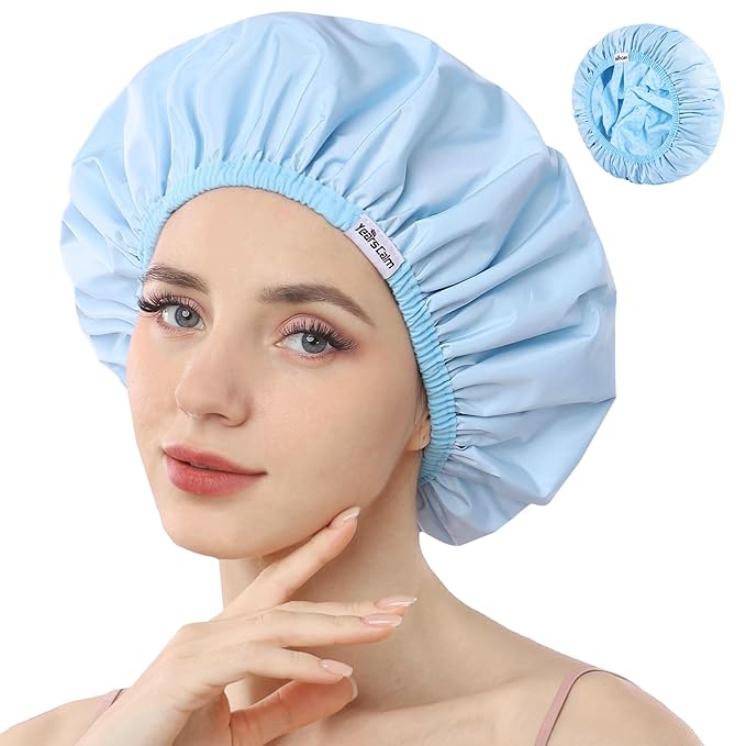 Years calm Shower Caps for Women Reusable Waterproof, Double Layer Waterproof Fabric - Both Sides Usable, Reversible Pattern & Solid Color Design, Soft Elastic Keeps Hair Dry for shower Spa Travel