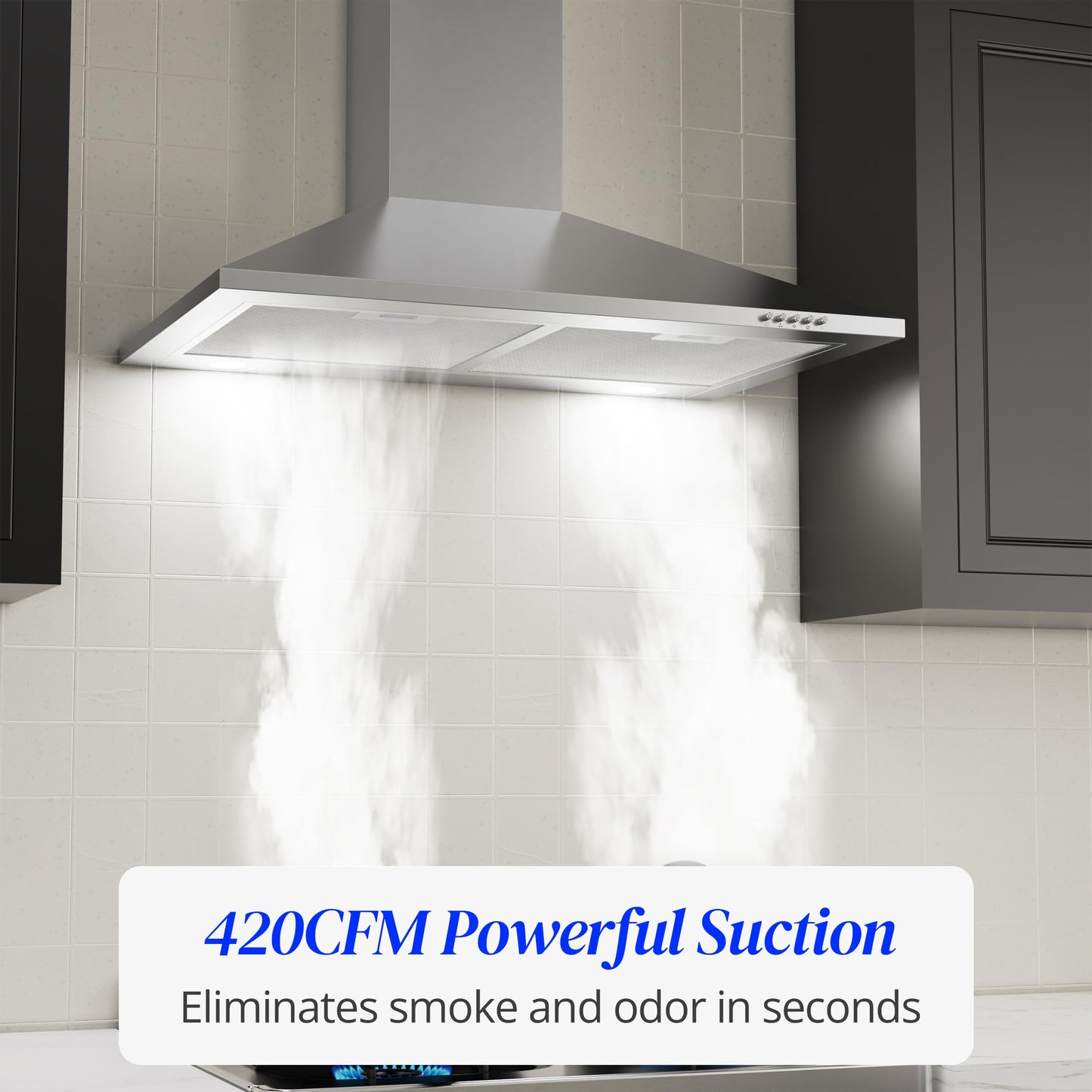 FIREGAS Range Hood 30 inch, Wall Mount Range Hood with LED Lights, 3-Speed Exhaust Fan, Ducted/Ductless Convertible, Aluminum Mesh Filters, Button Controls, Stainless Steel Kitchen Vent Hood