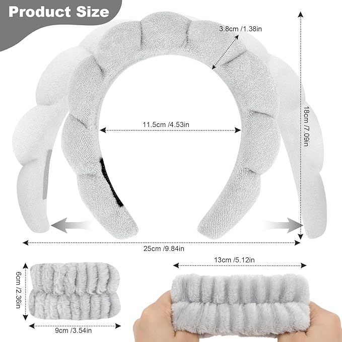 6Pcs Spa Headband and Wrist Washband Set, Skincare Makeup Headband, Sponge Face Wash Band, Terry Cloth Puffy Hair Band for Washing Face