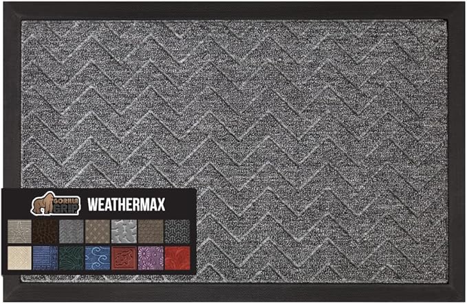 GORILLA GRIP 100% Waterproof All-Season WeatherMAX Doormat, 60x24, US Designed Natural Rubber, Stain and Fade Resistant, Low Profile Indoor Outdoor Door Mats, Easy Clean Patio Mat, Steel Chevron