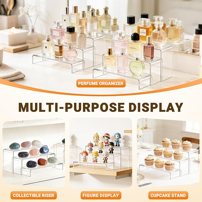 FUNFERY Acrylic Display Risers,2 Sets(7.8" L~8.2" L~8.6" L) Display Stand Shelf for Figure,Collectibles,Cupcake,Clear Acrylic Risers for Displays Case Cabinet,Dessert Table,Shelf Riser for Decor,Food