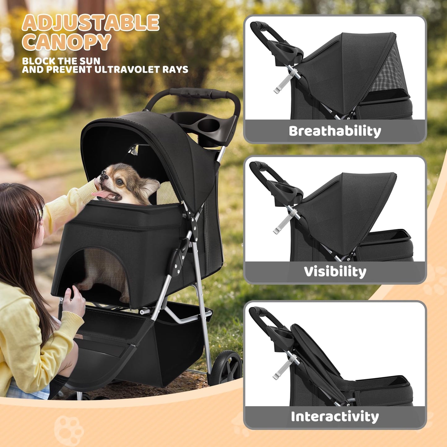 Magshion 3-Wheel Pet Stroller, Foldable Travel Jogger for Small & Medium Dogs & Cats (Up to 33lbs), Lightweight Carrier with Breathable Mesh Cover, Cup Holder & Storage Basket, Black