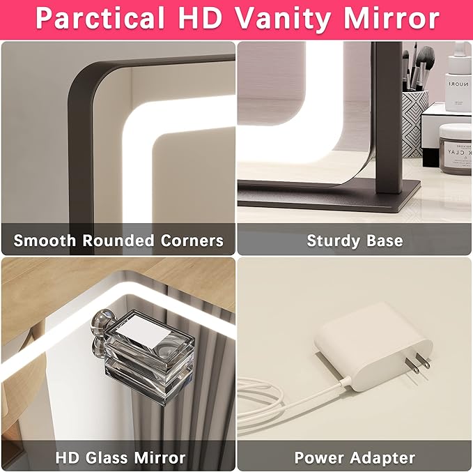 ROLOVE 22x17 Inch Lighted Vanity Mirror with Dimmable LED Lights - 3 Color Modes, Smart Touch Control & 360° Rotating Base - Desk Makeup Mirror (Black)