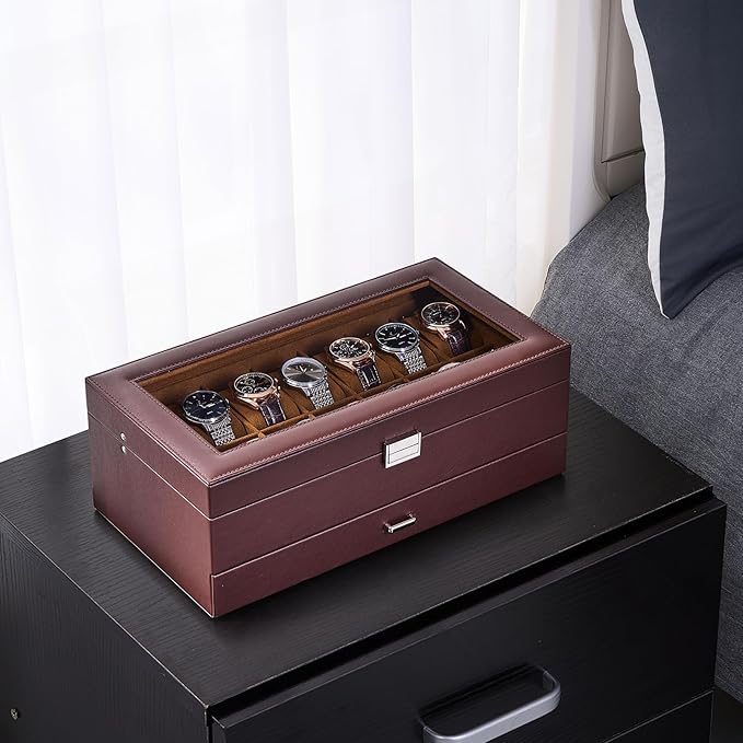 ProCase Watch Box, 14 Slot Mens Watch Case With Drawer, 2-Layer Watch Display Case With Glass Lid, Mens Jewelry Box Storage Holder Organizer, Birthday Valentine Gifts for Men -14Slot, Espresso