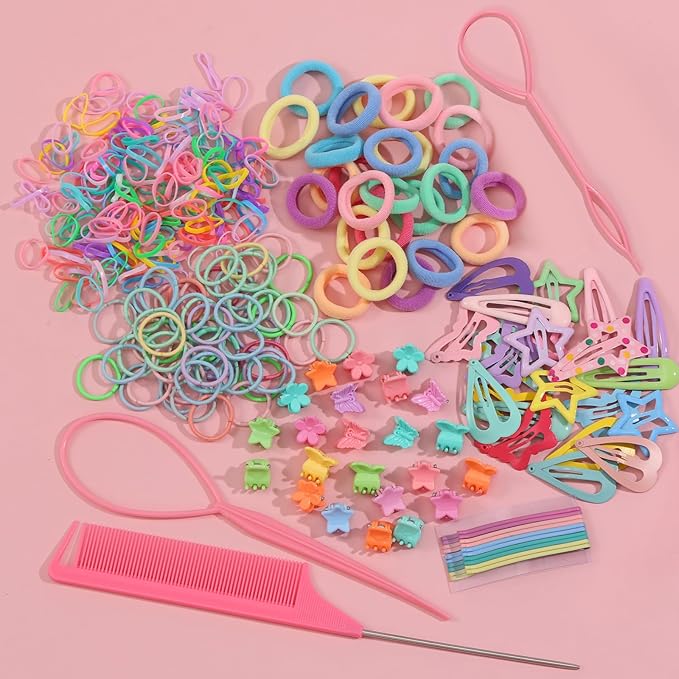 Hair Ties, Hair Accessories for Girls, 1350P Colorful Hair Ties Set with 72P Hair Clips, Bobby Pins for Toddlers, Butterfly Hair Clips for Kids, Hair Barrettes with Hair Comb Set & Organizer Box