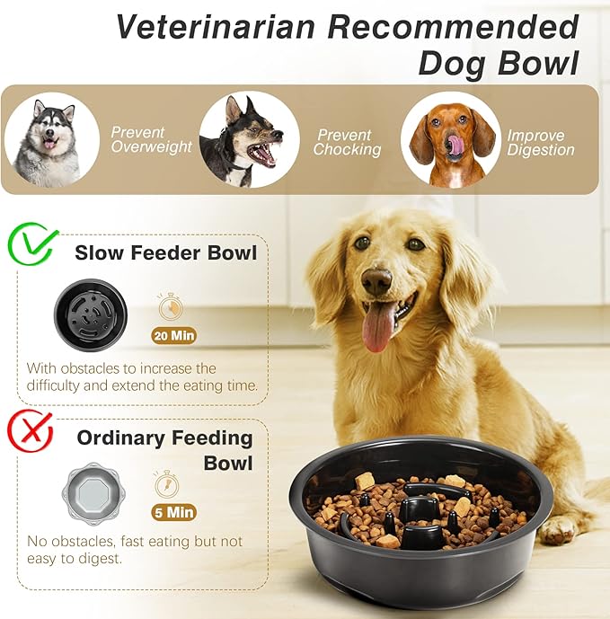 Lewondr Elevated Slow Feeder Dog Bowls, Raised Dog Food Bowls with 3 Heights (6.1", 7.7", 9.3") Adjustable Slow Feeder Bowl Non-Slip Bowl Stand for Medium Large Breed, Dishwasher Safe