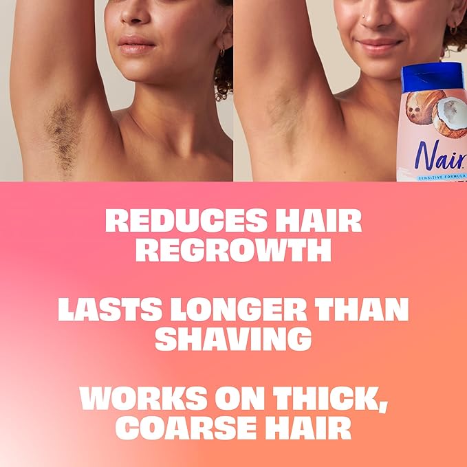 Nair Sensitive Shower Cream Hair Remover with Natural Coconut Oil and Vitamin E, Body Hair Removal Cream, 12 oz (Pack of 2)