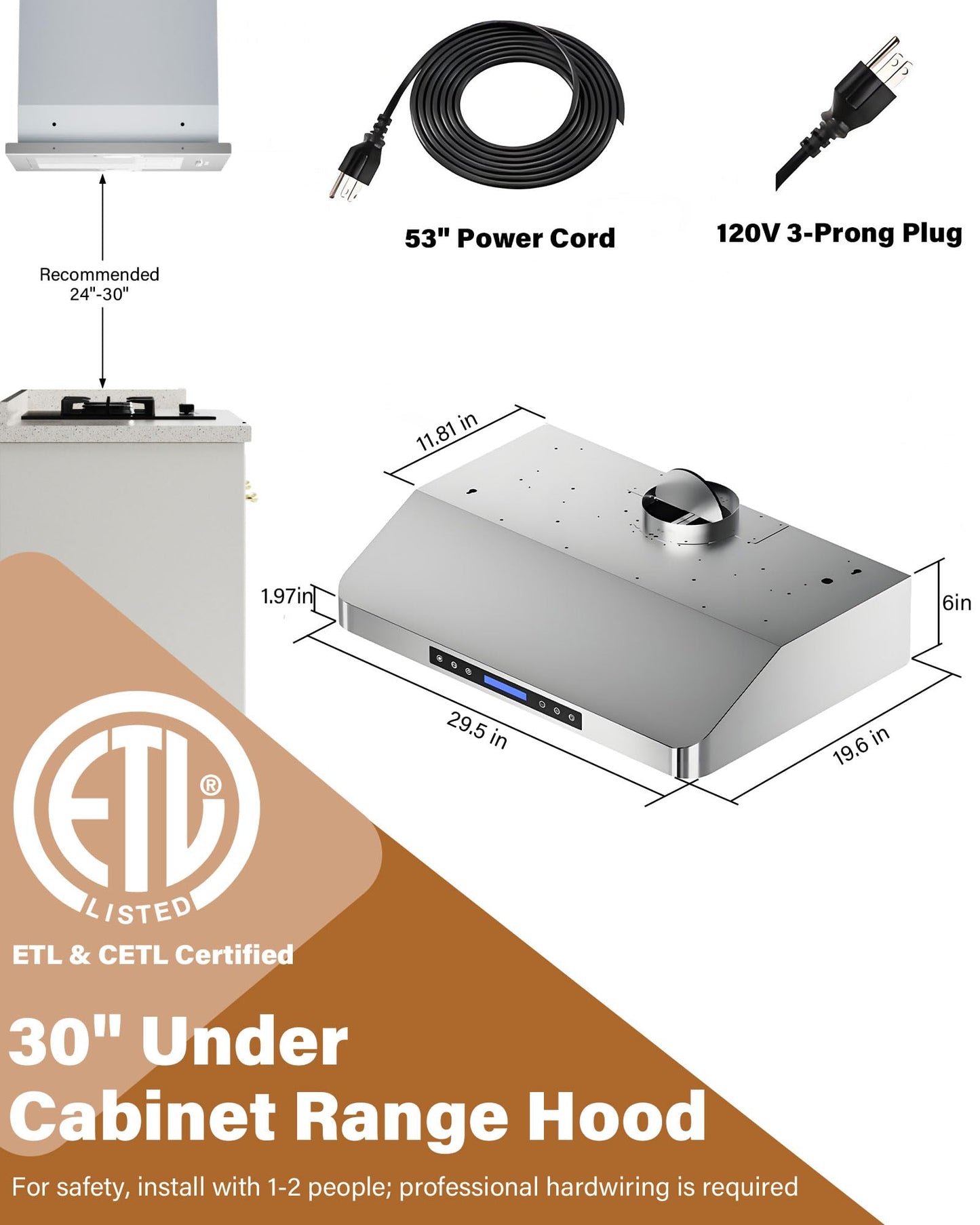 FlyPine 30 inch Stainless Steel Under Cabinet Range Hood - 900 CFM, Ultra-Quiet 4-Speed Vent, Touch/Remote Control LCD, LED Lights, External Venting