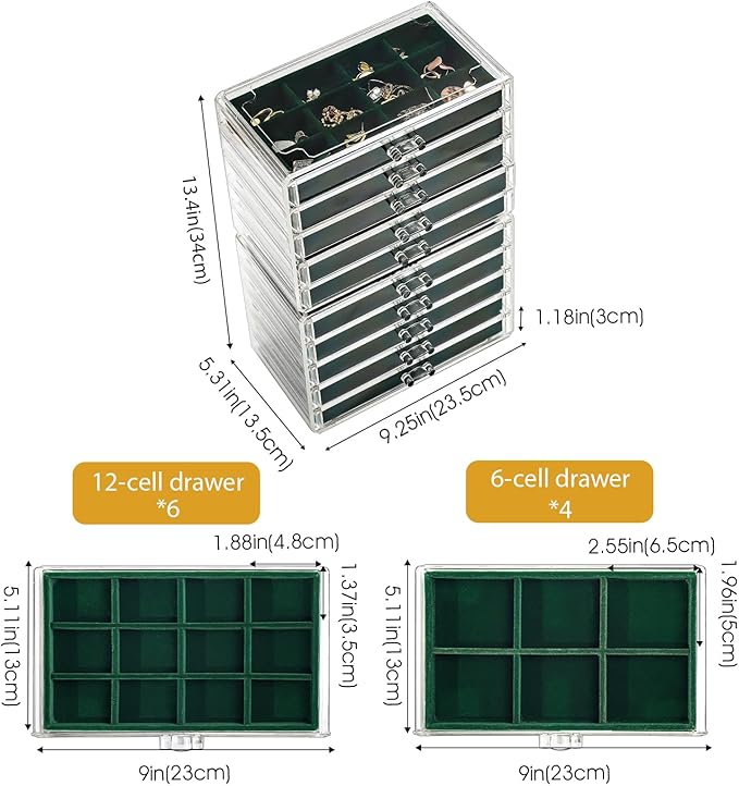 ProCase Earring Holder Organizer Jewelry Box with 10 Drawers, Acrylic Clear Earring Case with Adjustable Velvet Trays for Women - Emerald,10 Layers